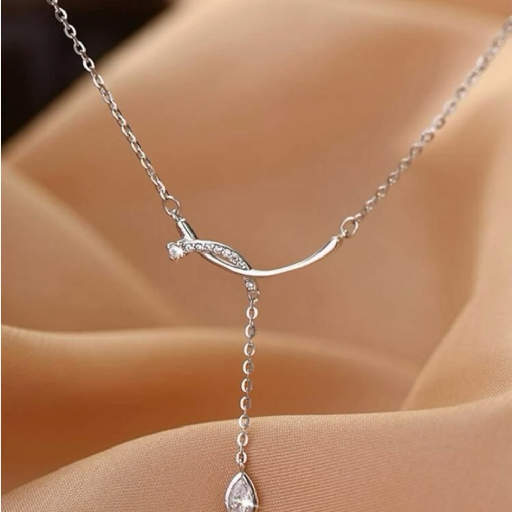 Silver Lariat Necklace with Teardrop Crystal